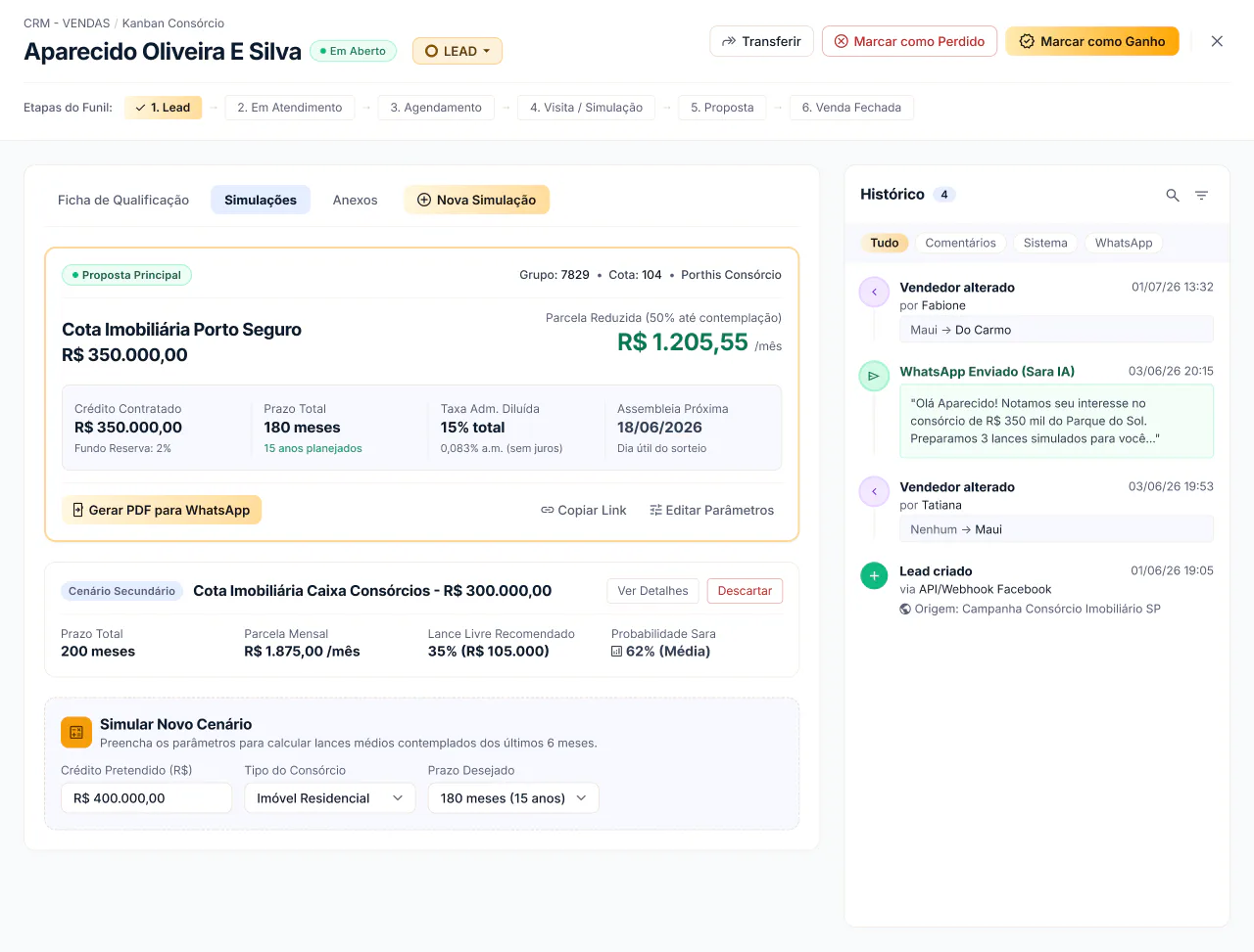 Tela de simulações e histórico do Sylo CRM