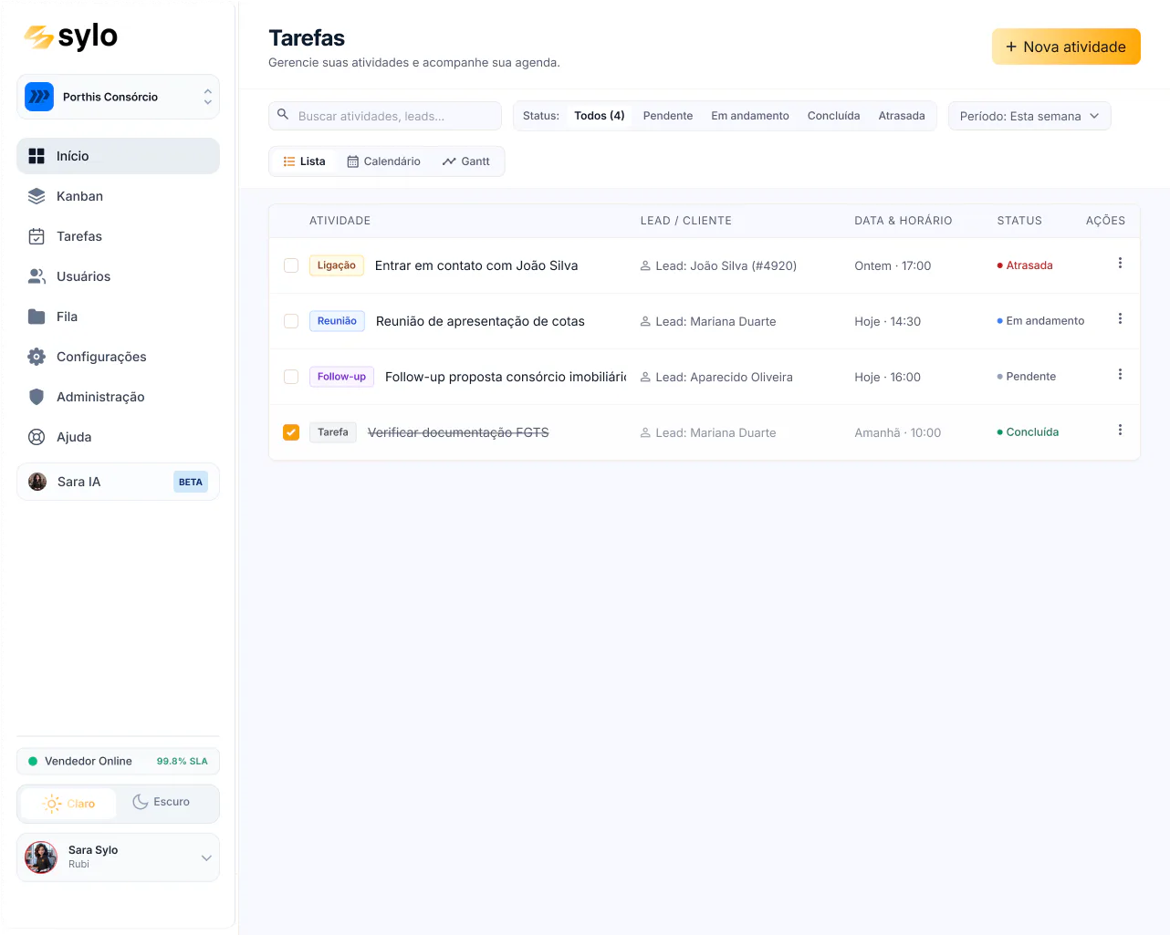 Lista de tarefas e follow-ups do Sylo CRM